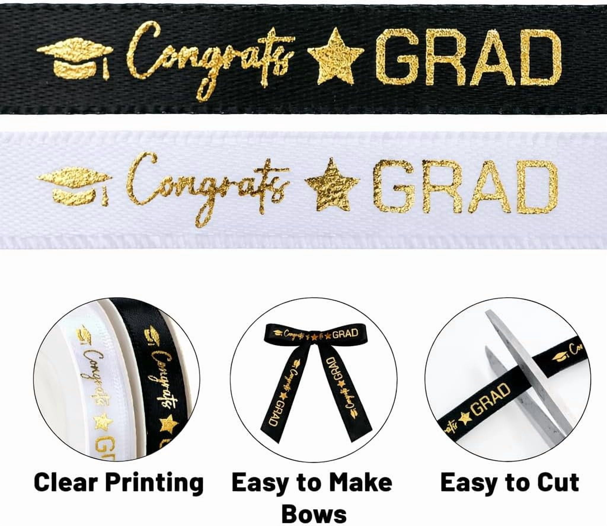 2 Rolls 2026 Graduation Ribbon - 3/8'' x 20 Yards Congrats Grad Gold Satin Ribbon for Gift Wrapping Class of 2026 Graduation Party Decorations DIY Crafts Black and White with Gold Printing