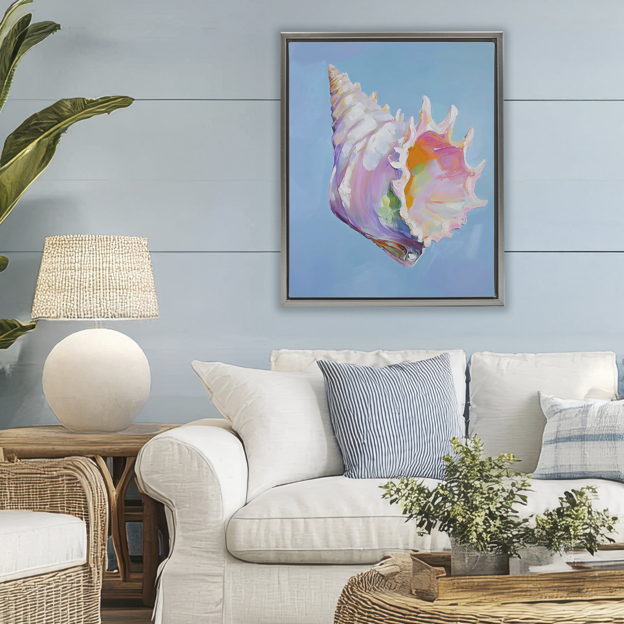 Stupell Industries Pastel Hued Conch on Blue Gray Framed Floater Canvas Wall Art, design by The Prints Vibe