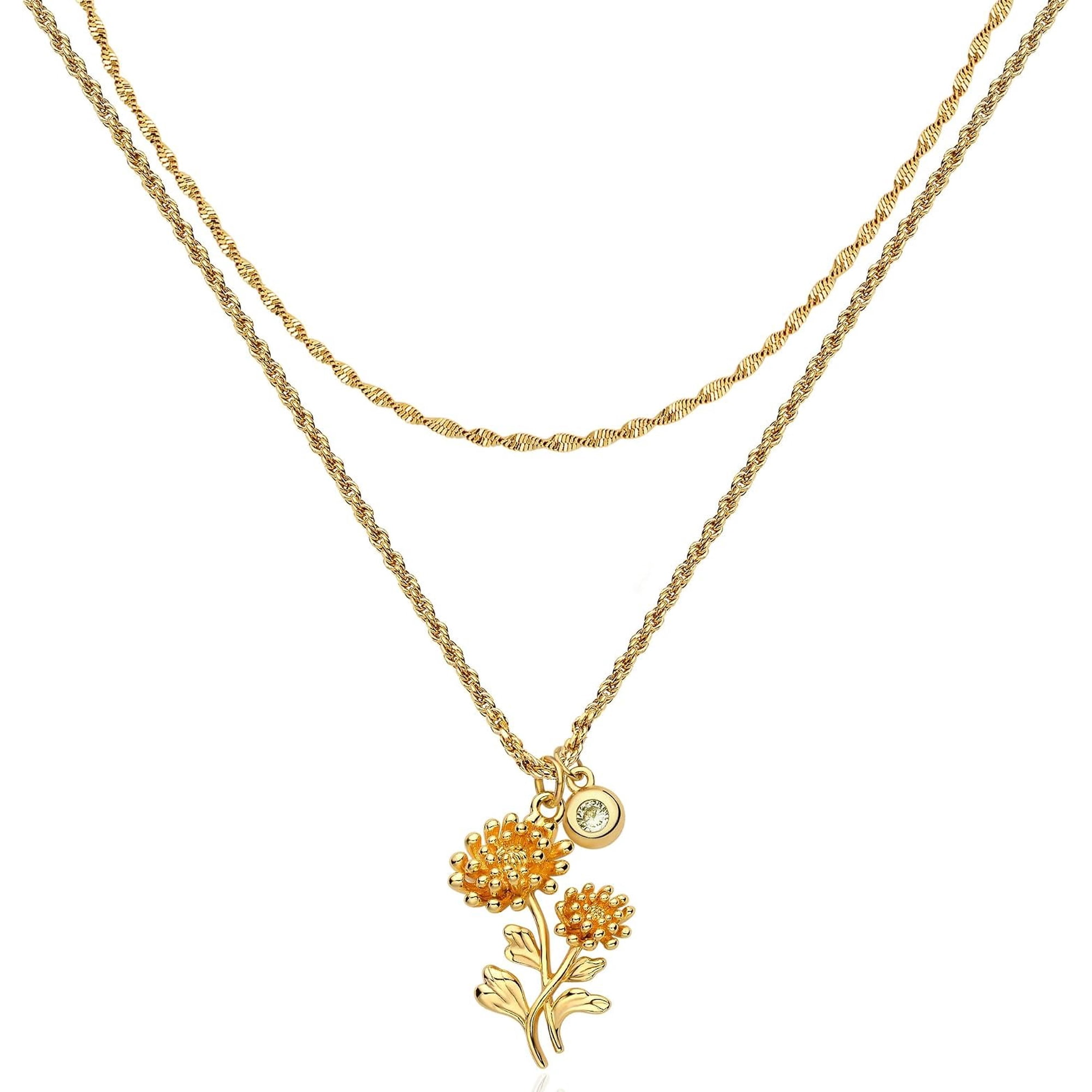 Birth Flower Necklaces for Women 18K Dainty Layered Birth Month Flower with Birthstone Pendant Necklaces Personalized Custom Floral