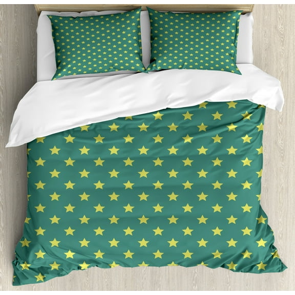 Stars Queen Size Duvet Cover Set, Vintage Style Geometric Pattern with Star Motifs in Green Shades, Decorative 3 Piece Bedding Set with 2 Pillow Shams, Pale Green Pale Jade Green, by Ambesonne
