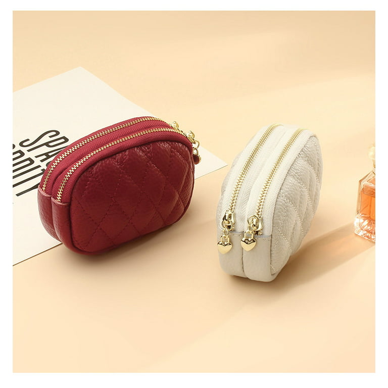 Dicasser Women Leather Coin Purse, Small 2 Zippered Change Pouch  Wallet(2pcs, White and Wine Red)
