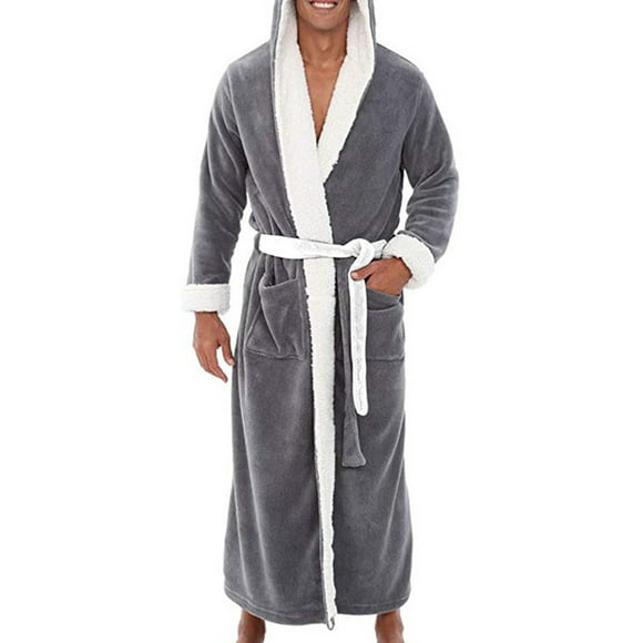 Innerwin Dressing Gown Solid Color Men Wrap Robe Home Hooded Thicken Plush Bath Robes Gray White S