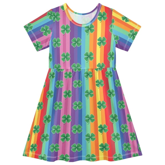 joogoo Clover Rainbow Stripes Girls' Short Sleeve Dress Kids Dresses 5-6T