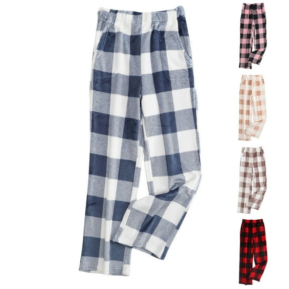 Dwelliawo Pajama Pants Women Flannel Plaid Pajama Pants Casual Drawstring Pants Christmas Wide Leg Bottoms Comfy Fleece Sweatpants Blue M