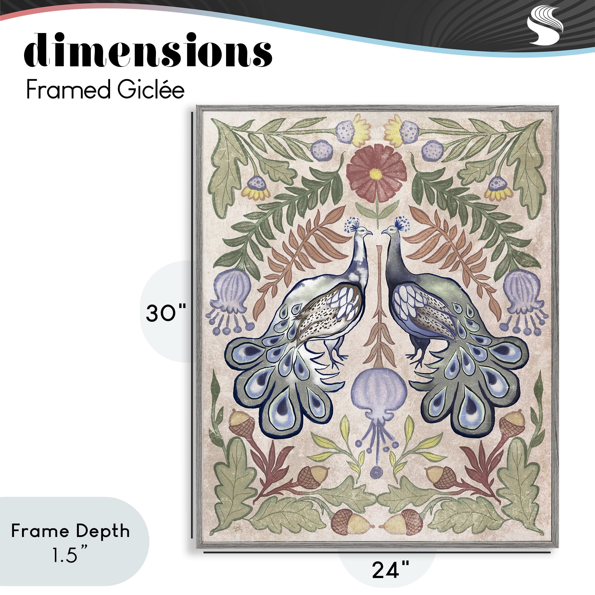 Stupell Industries Symmetrical Peacock & Flower Pattern Gray Framed Giclee Art, design by Elizabeth Medley