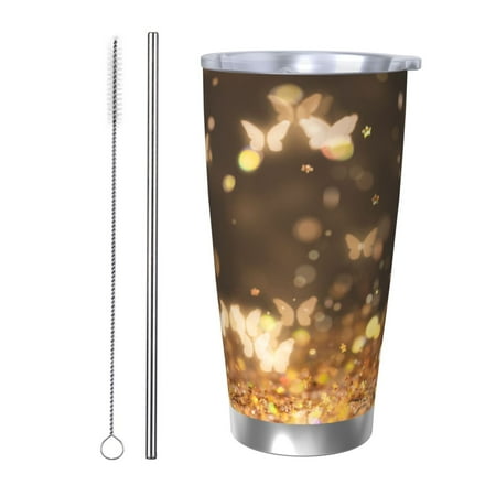 

Fuzoiu Gold butterfly glitter Print 20oz Tumbler Stainless Steel Vacuum Insulated Car Cup Insulated Coffee Mug Travel Mug with Lid Thermal Cup for Outdoor-Straw Two-piece Set