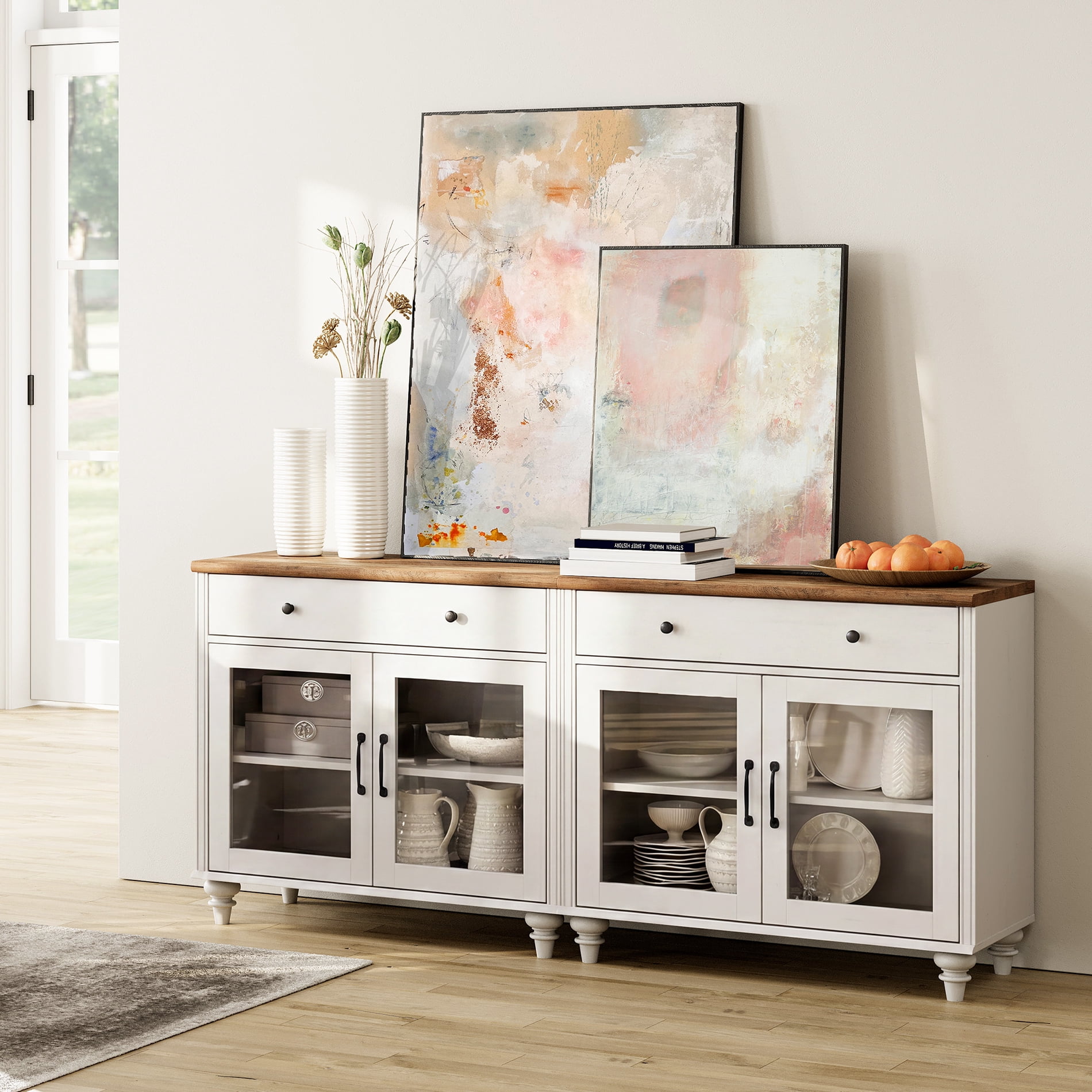 68" White Glass Door Buffet Cabinet with Drawer, Farmhouse Sideboard with Storage