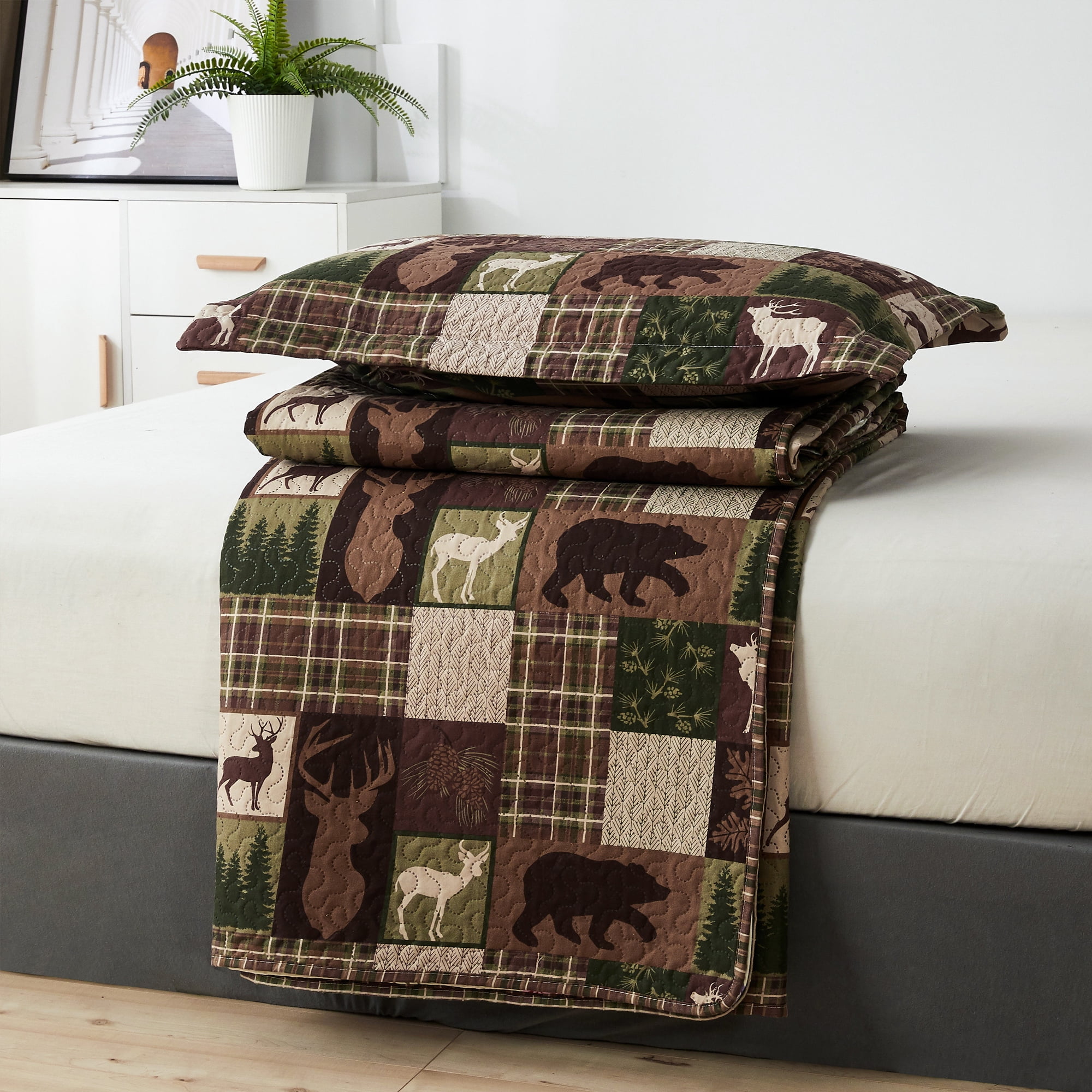 Green Essen Rustic Quilt Sets Queen/Full Size Moose Bear Bedding Reversible Microfiber Bedspread Plaid Coverlet Cabin Decor