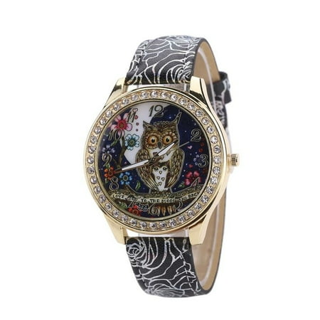 - Classic Design Crystal Owl Watch With I Love You to the Moon and Back Silver Rose Black Band Watch-255