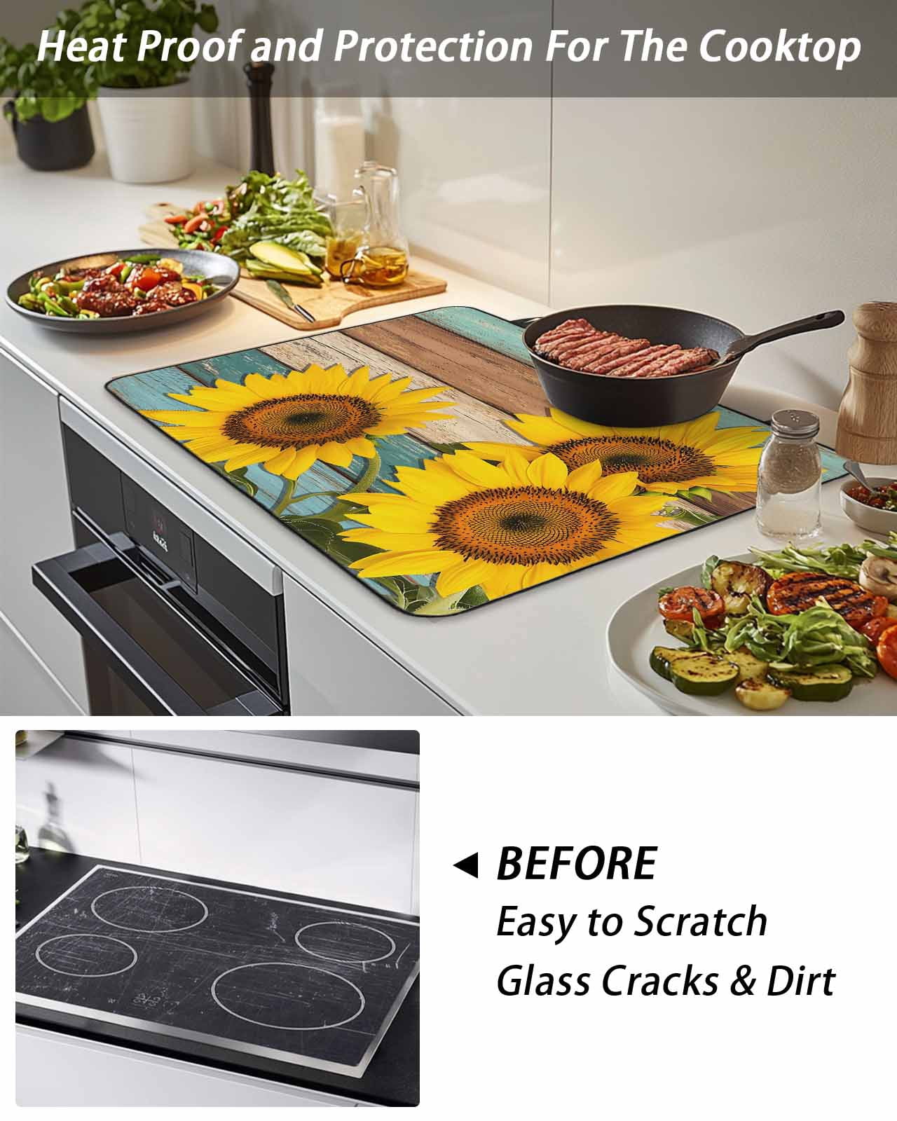 Stove Top Covers for Electric Stove, Sunflower Glass Stovetop Cover Protector, Yellow Spring Flora Botanical Teal Brown Wooden Induction Cooktop Protector Oven Mat for Kitchen Countertop 24"x21"