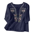 thumbnail image 2 of Linen 3/4 Sleeve Button Shirts Summer Boho Peasant Casual Gauze Clothes Embroidered Tops for Women Navy XXXXL, 2 of 6
