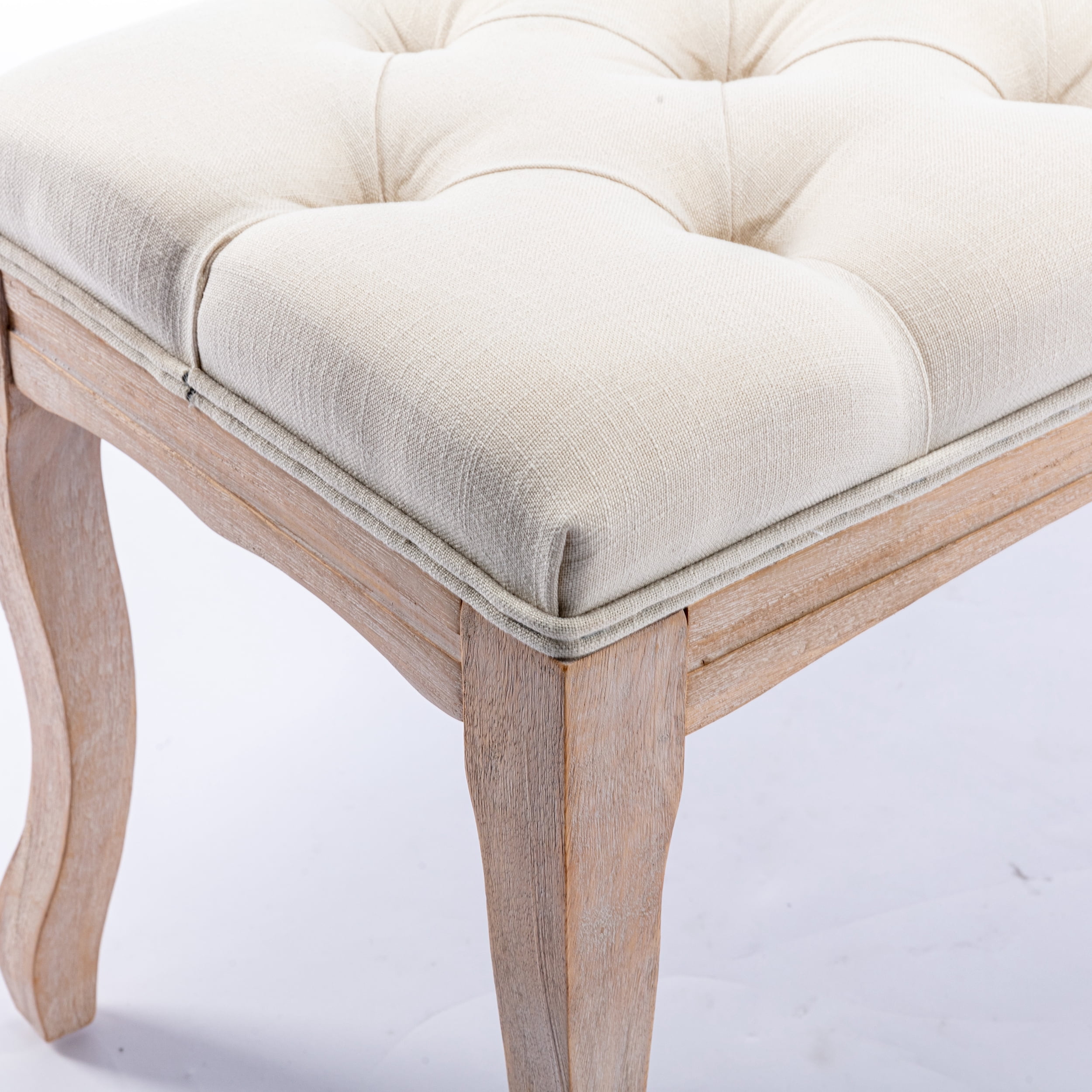French Vintage Tufted Bedroom Bench with Carved Wood Legs, 43.3-Inch Linen Upholstered Entryway Ottoman for Living Room, Beige