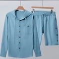 thumbnail image 3 of Eryao Men's Two-Piece Outfit Sets Casual Long Sleeve Button Down Hoodies and Elastic Waist Shorts with Pockets Summer Beach Vacation Lounge Suits,Sky Blue,L, 3 of 6