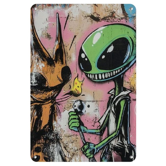 Wall Art Decor For Home Alien characters tagging a graffiti wall with a humorou Home