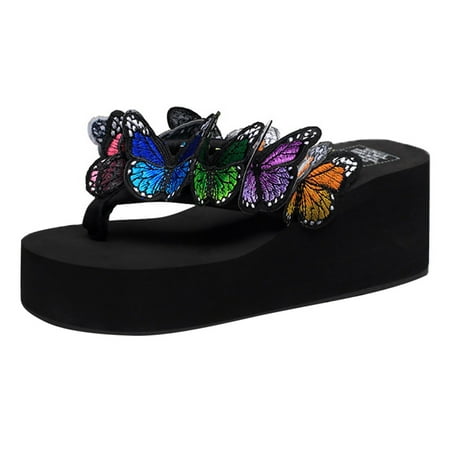 OJSFQUFP Womens Comfort Sandals Women Girls Butterfly Floral Wedges Flip Flops Sandals Slippers Beach Shoes Soft Sole Outdoor Beach Shoes Washable Slippers Black 40