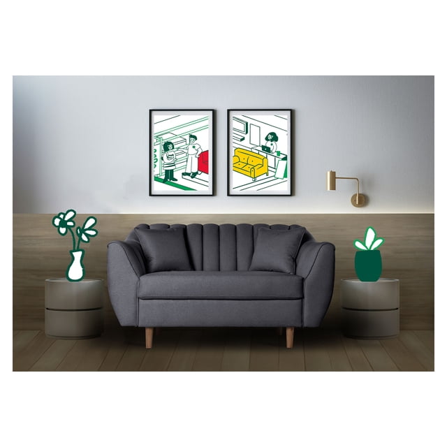 sofá love seat 2 plazas de lino gris oxford makora eliana vista frontal centrada de love seat de 2 plazas en lino gris oxford con respaldo acanalado vertical, brazos curvados, cojín de asiento único y patas de madera; tapicería de lino lisa con costuras visibles, ambientado en sala minimalista con mesitas laterales y cuadros en la pared; ideal como sillón para dos y montaje sin herramientas en menos de 5 minutos, a menudo usado también para descanso en salas pequeñas.