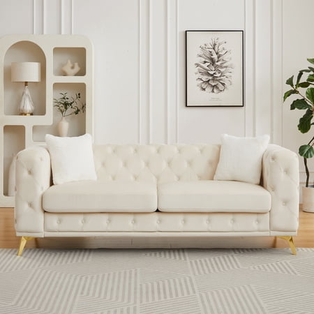Classic Modern Sofa 82.5-Inch Chesterfield-Style Sofa with Tufted Detailing and Luxurious Velvet Upholstery Featuring 2 Throw Pillows and Metal Legs (Beige)