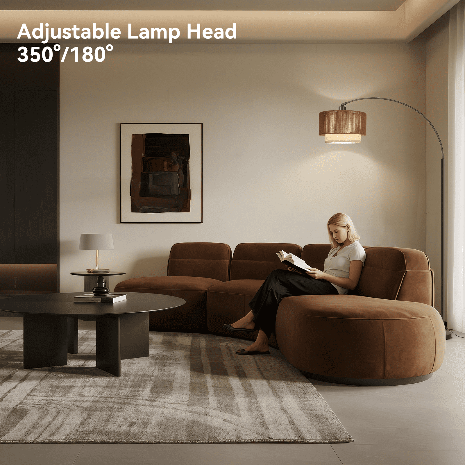 SUNMORY Floor Lamps for Living Room with 12W LED Bulb, Arc Floor Lamp with 3 Color Temperatures, Farmhouse Floor Lamps with Adjustable Rattan & Fabric Shades, Boho Standing Lamp for Bedroom, Corner