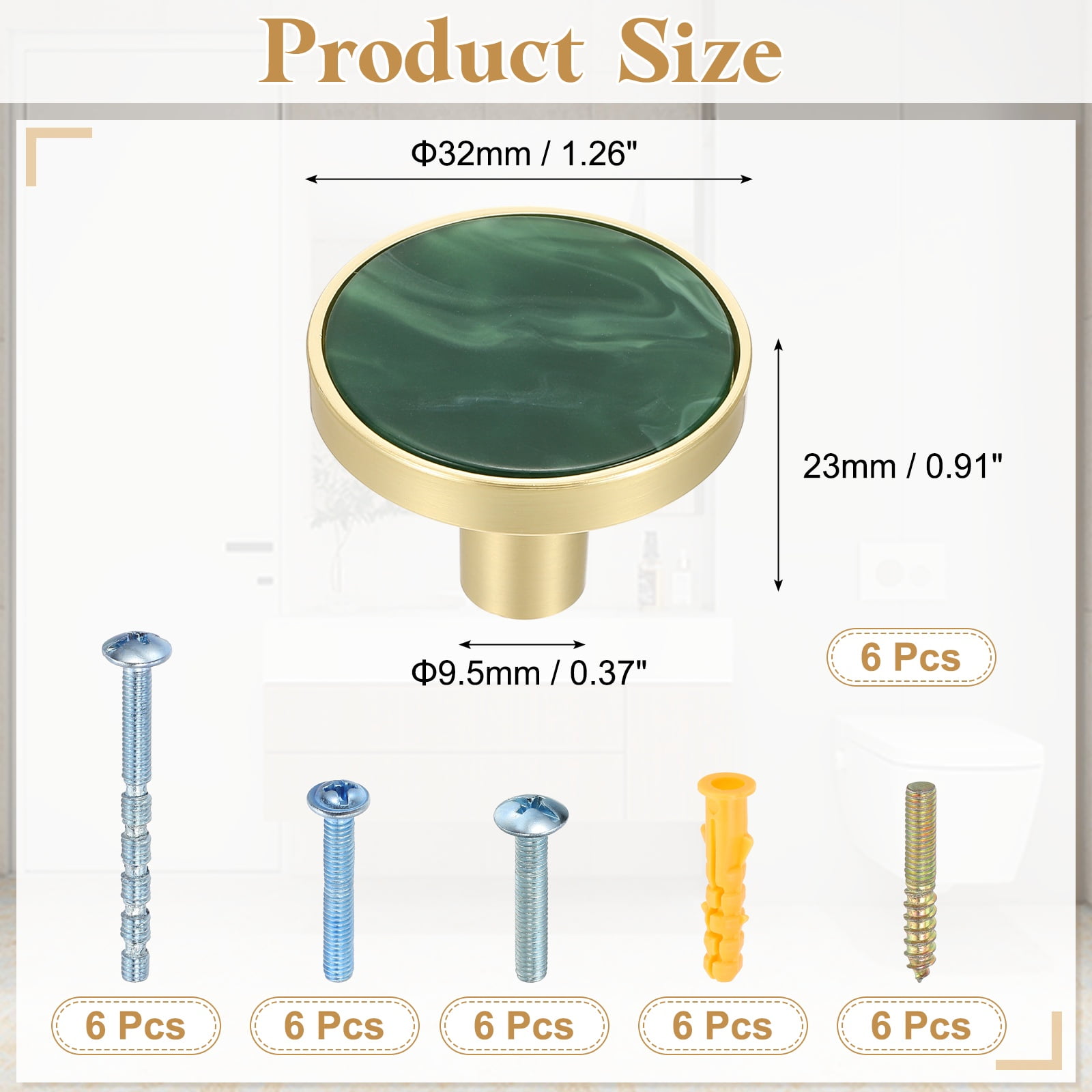6Pack Gold Cabinet Knobs 1-1/4" Round Knobs Cabinet Handles, Moss Green