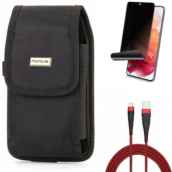 10ft USB Cable w Case Belt Clip w Privacy Screen Protector for Samsung Galaxy S21 Plus - Type-C Charger Cord, Swivel Holster, TPU Film Fingerprint Works Accessory Bundle