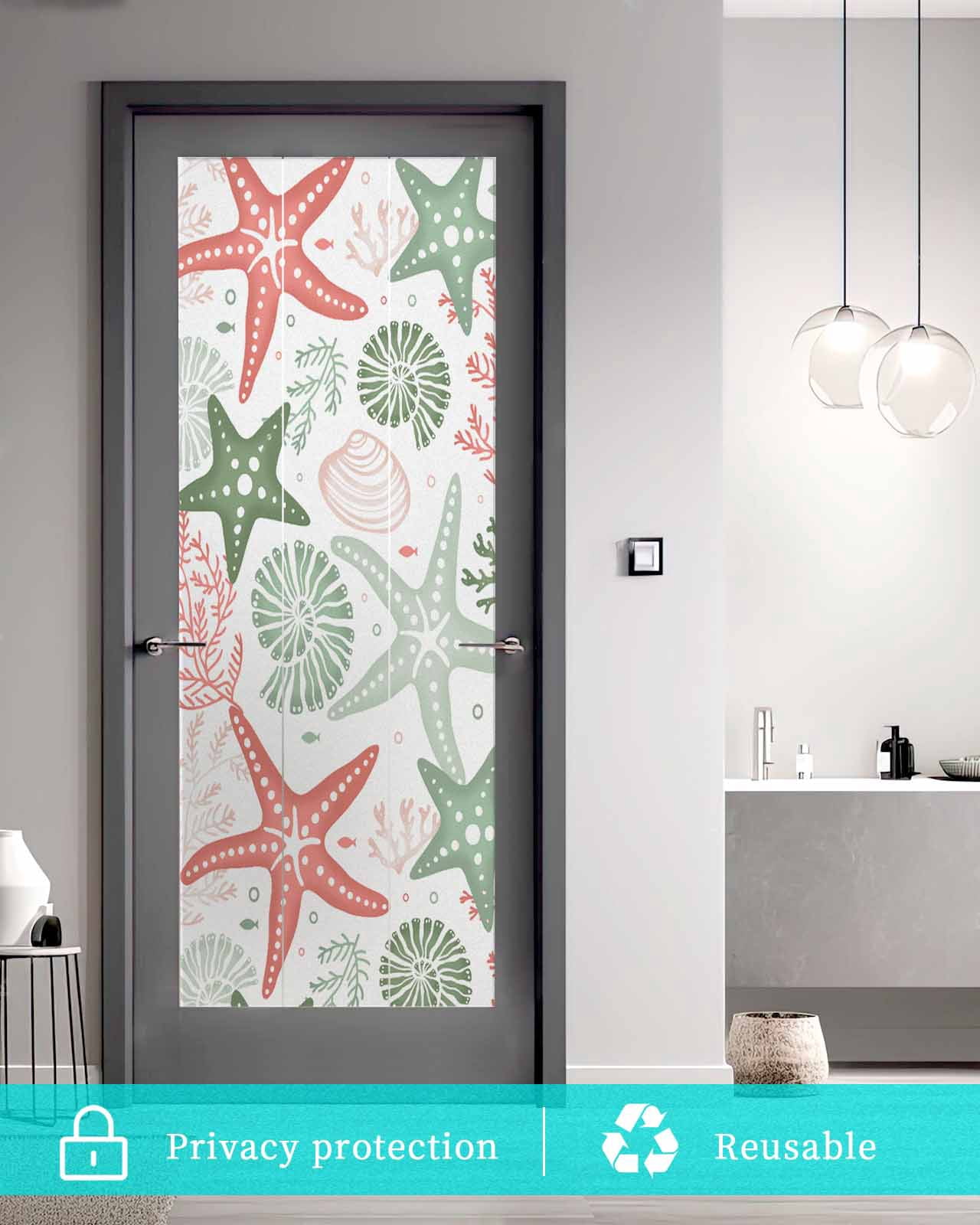 Window Privacy Film,Green Orange Coral Sun Blocking Window Tint Film Heat Control One Way Blackout Window Film,Spring Summer Coastal Starfish Beach Nautical Conch Non Adhesive Static Cling 29.5x78.7