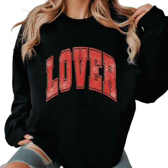 Women's Black Sweatshirt Graphic Tees "Lover" Distressed Varsity Typography Design Shirts S-3XL Casual Daily Tops