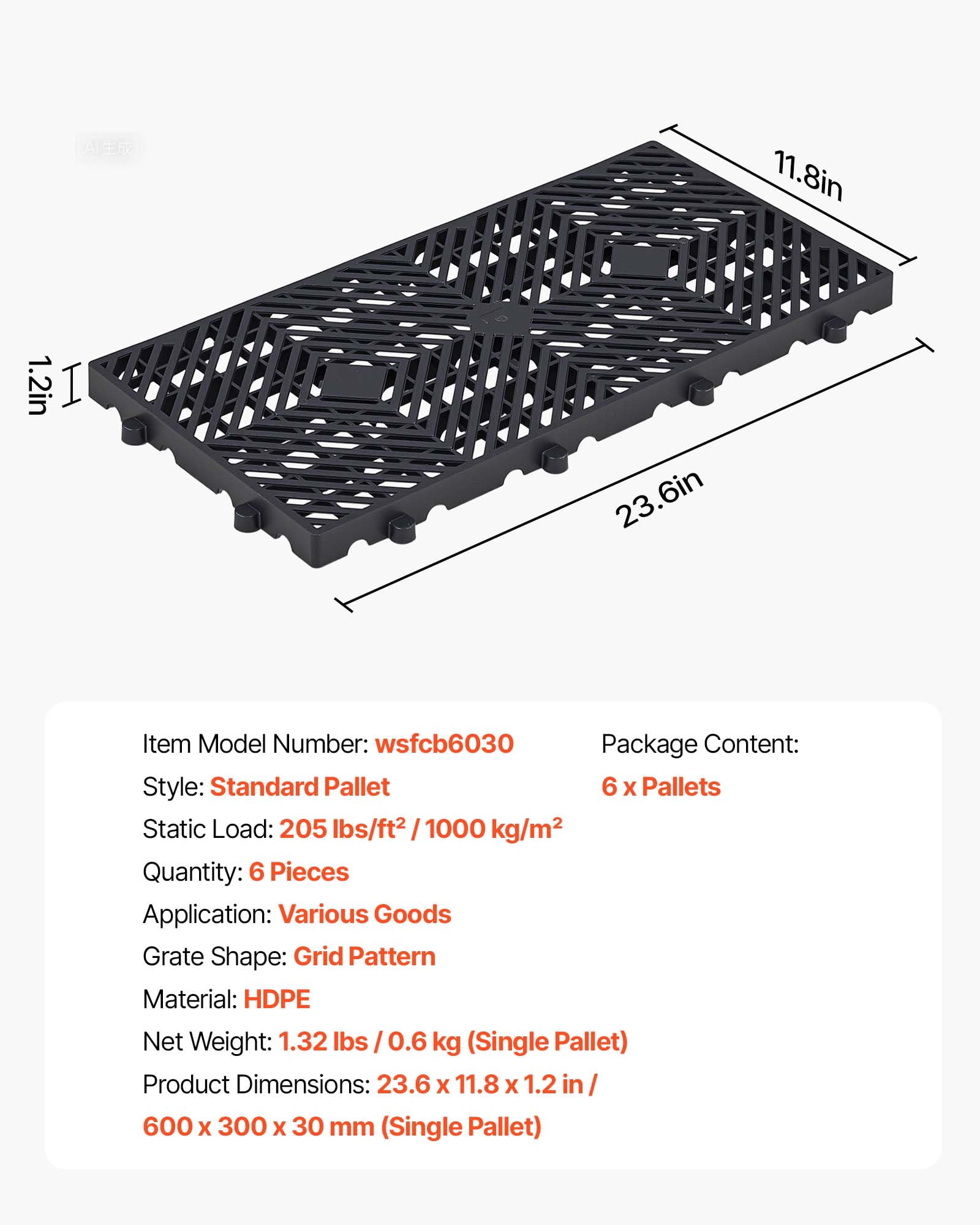 VEVOR Plastic Pallets, 6 Pcs Plastic Pallets for Basement Storage, Nestable Lightweight Waterproof Storage Pad with Breathable Grid for Indoor Outdoor Supermarket Warehouse, 23.6"x11.8"x1.2", Black