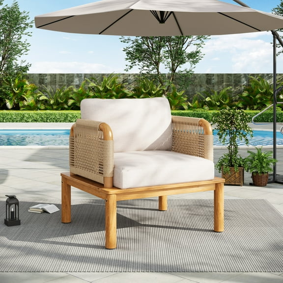 Christopher Knight Home Coastal Woven Rope Lounge Chair with Cushions, Solid Wood Frame, Beige