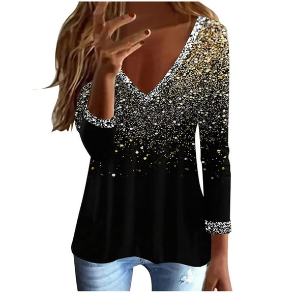 Sequin Tops for Women Long Sleeve V Neck Thin Going out Tops for Women Fashion Printed Blouses Casual Comfy Tunic Shirts