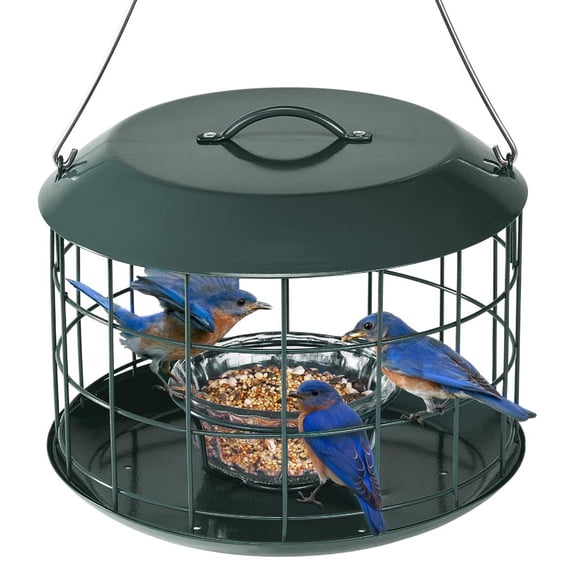 Squirrel Proof Metal Bird Feeder, Outdoor Hanging Bluebird Feeder with Stable Seed Tray, Weather Resistant Wild Bird Feeding Station, Easy Clean Refill Garden Yard Decor for Small Wild Birds, Blue