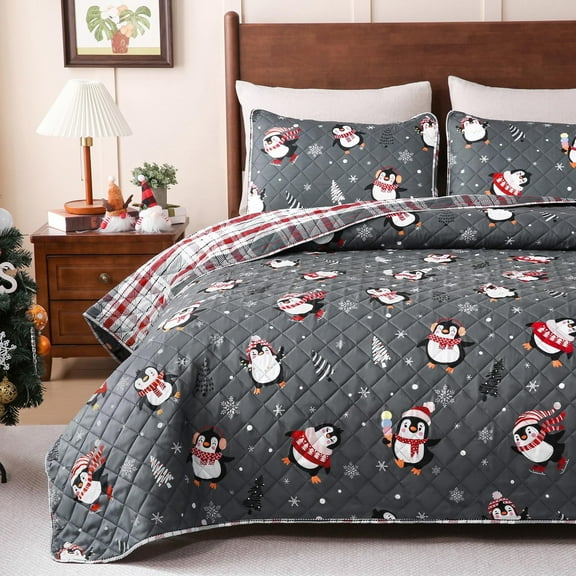 BLEUM CADE Christmas Quilts Sets Queen Size,3 Pieces Christmas Penguin Quilt Bedding Set, Reversible Grey Buffalo Plaid Comforter Sets, Christmas Tree Soft Lightweight Xmas Bedspread Coverlet,90"x90"