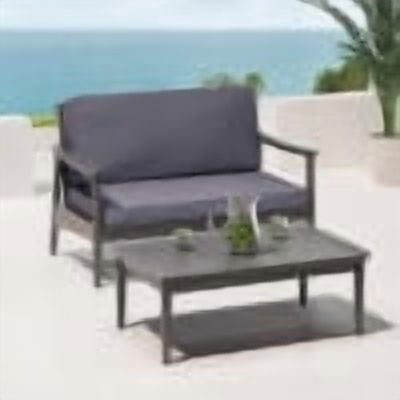 Outdoor Double Sofa and Coffee Table Leisure Combination Set, Acacia Wood Conversation Furniture for Patio Garden, Dark Gray