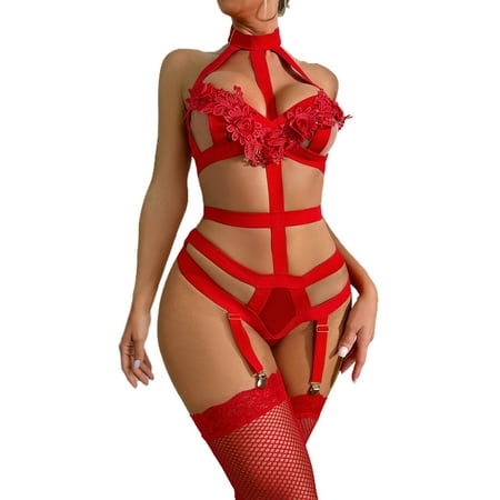 Yuhangmm Women Sexy Lace Mesh Floral Embroidery Chain Linked Garter Teddy Bodysuit With Leg Ring Women Lingerie Underwear Your Side of The Bed Lingerie