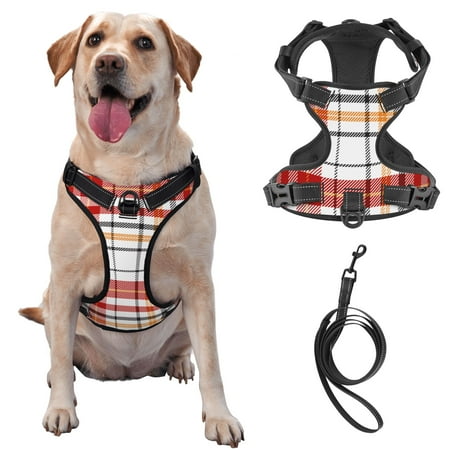 TEQUAN Large Dog Harness with Leash Red Scottish Grid Lines Prints Reflective No Pull Adjustable Pet Vest (L)