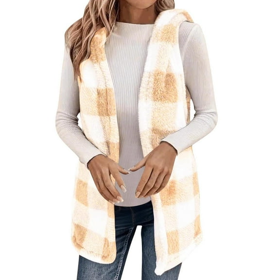ZHOUCHANKIDS Womens Fleece Sherpa Vest Winter Sleeveless Fuzzy Fluffy Checkered Plaid Vest Zip Up Jacket with Pockets Yellow S
