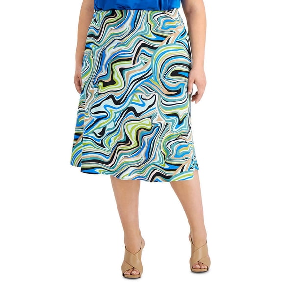 Bar III Plus Size Swirl Print Midi Skirt Deep Aqua 16W