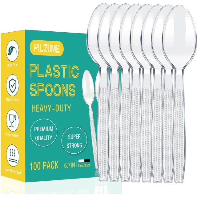 100PCS Plastic Spoons, PILZUME 6.7 Inch Reusable Plastic Spoons, Durable Extra Heavyweight Transparent and Robust Cutlery Sets for Party Picnic Barbecue Restaurant Dinner Family Gatherings
