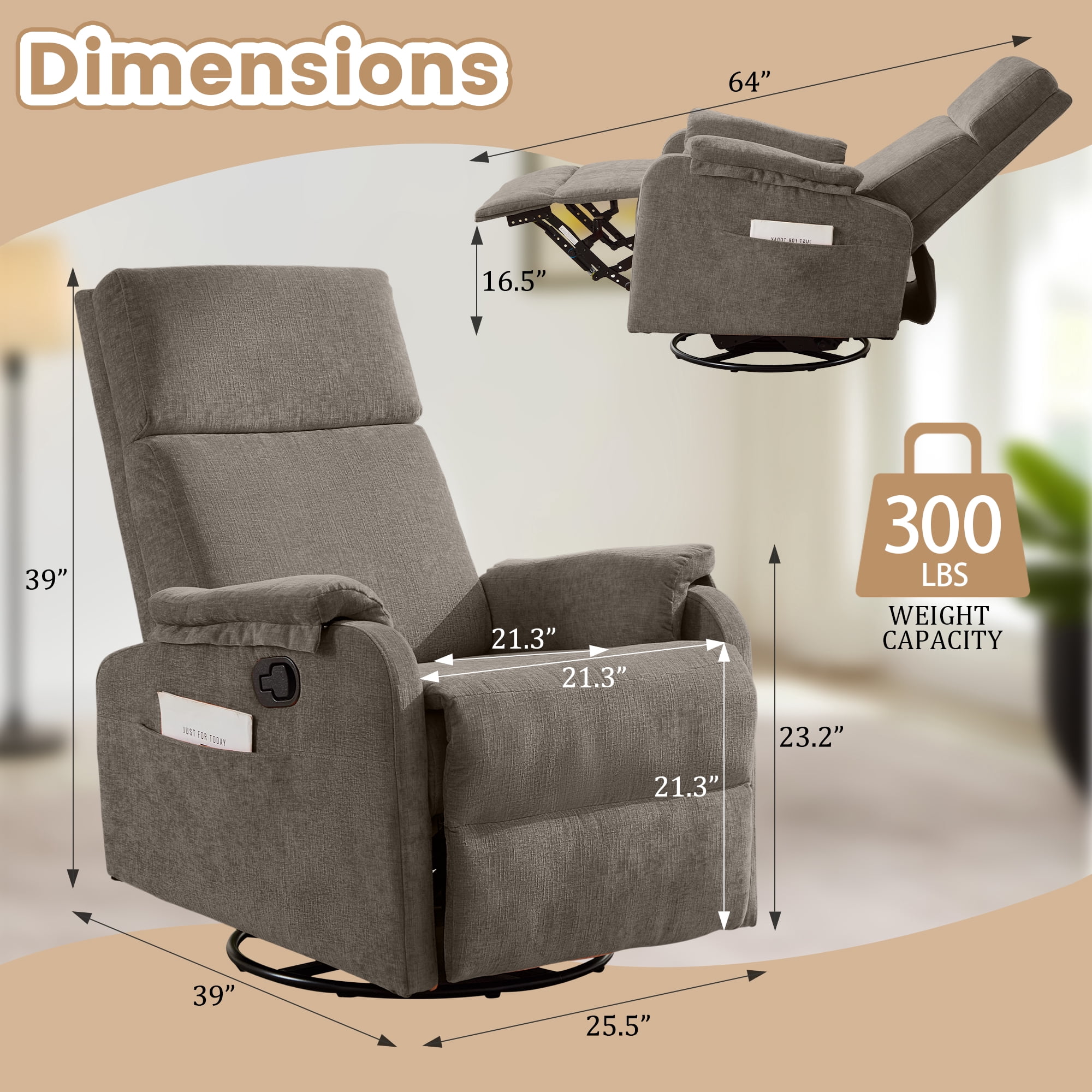 Korser Swivel Rocker Recliner Chair for Small Spaces Chenille for Living Room,Brown