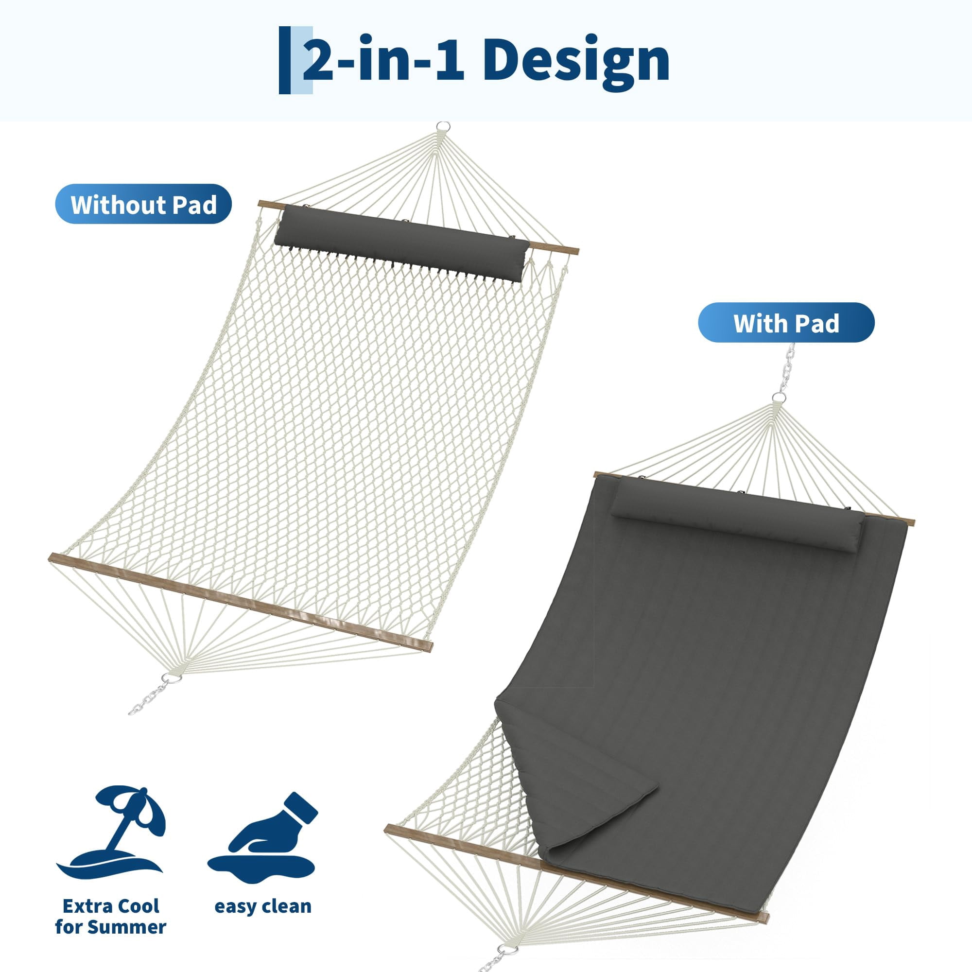 12FT Hammocks for 2 Person Indoor Outdoor, Quilted Fabric Hammock with Spreader Bar, Large Removable Pillow, Storage Pockets, Carabiners, Max 450 Lbs Capacity, Dark Gray