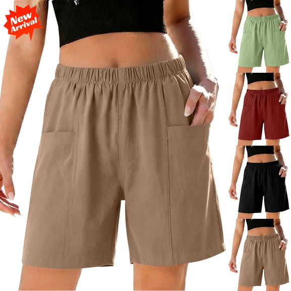 DailyTrove Women's Elastic Waist Cargo Shorts, High Waisted Straight Leg Utility Shorts