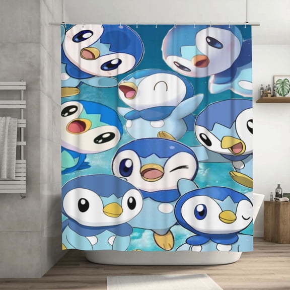 Piplup Shower Curtain Cartoon Art Bath Shower Curtains with 12 Hooks, Waterproof Washable Polyester Bathroom Home Decor Set 72x72 Inch, Plastic