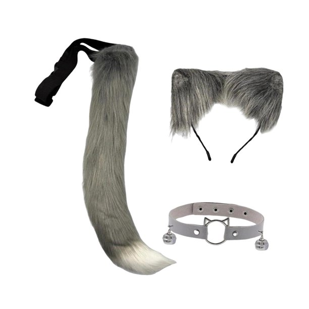 Juego de 3 diademas con orejas y cola de gato para fiestas, espectáculos y cumpleaños. Gris blanco