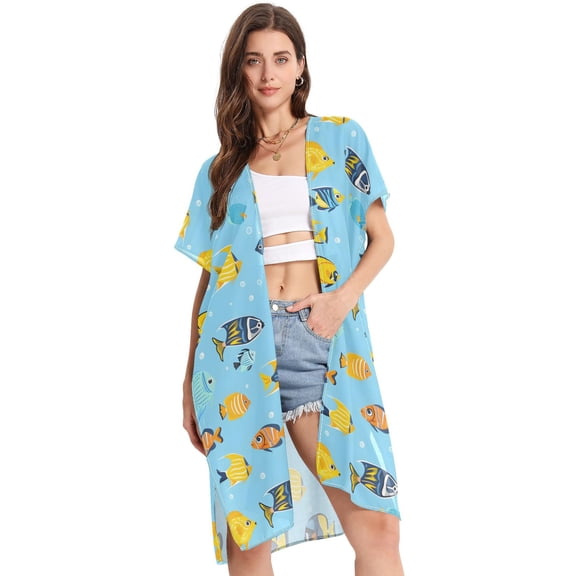 Beach Vacation Clothes Kimono Cardigan Loose Swimsuit Cover Up for Women Tropical Fish Swimming S