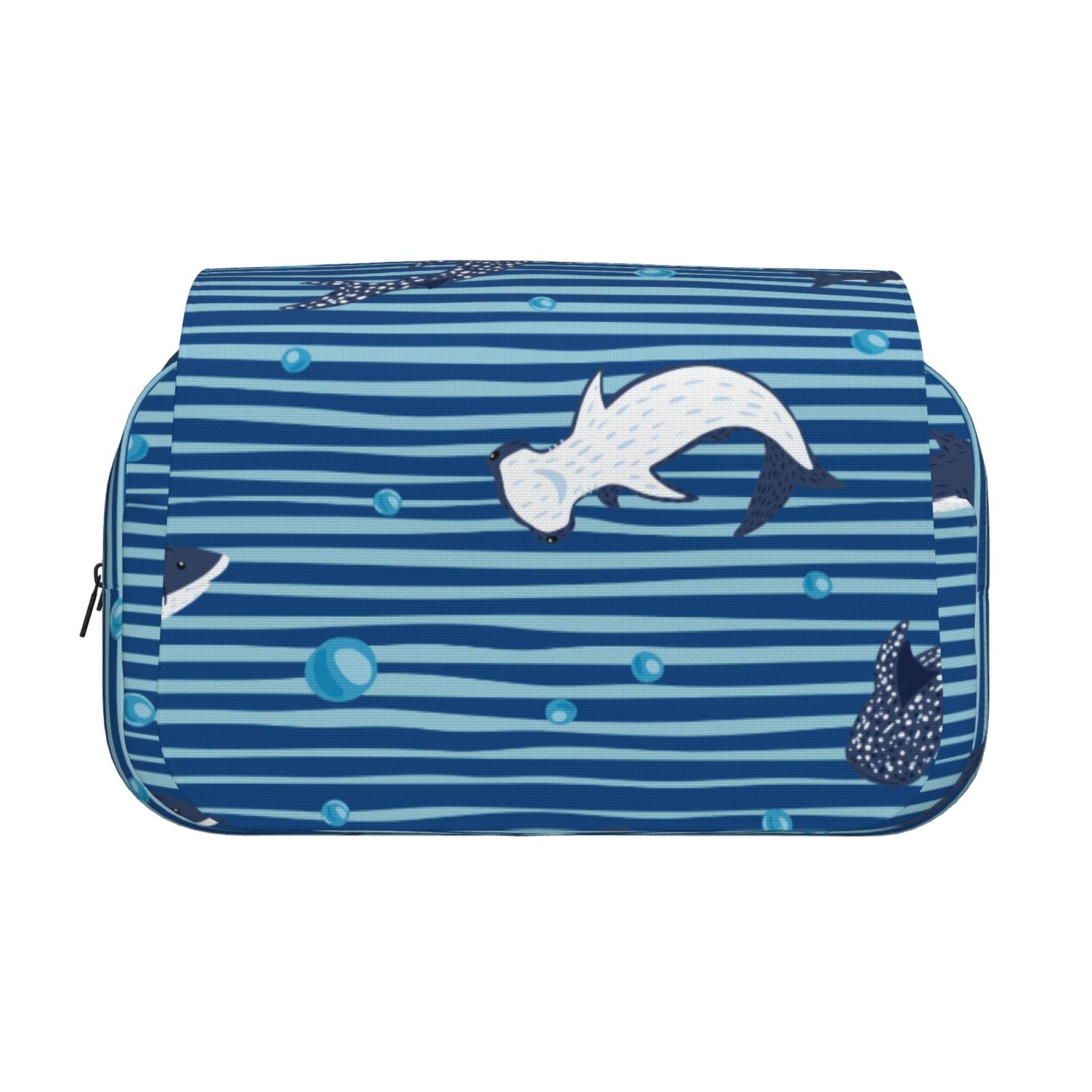 Rateoe Sharks on White Blue Striped Pattern Double Clamshell Pen Case, Storage Organizer with Two Zipper Compartments– Holds Up to 50 Pencils & Pens