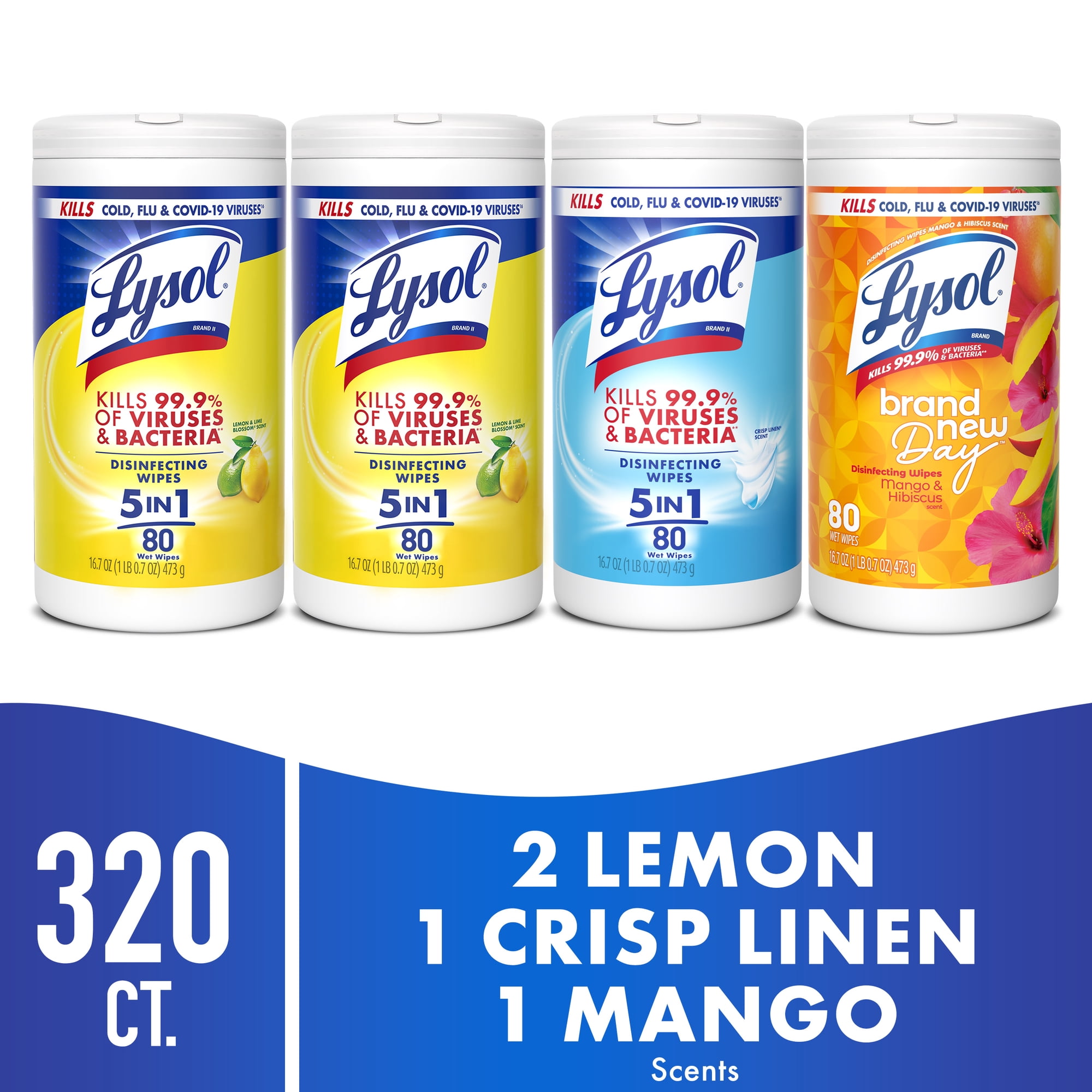 Lysol Disinfecting Wipes Multi Surface Cleaner, 80 Count Each, Pack of 4, Lemon & Mango Scent