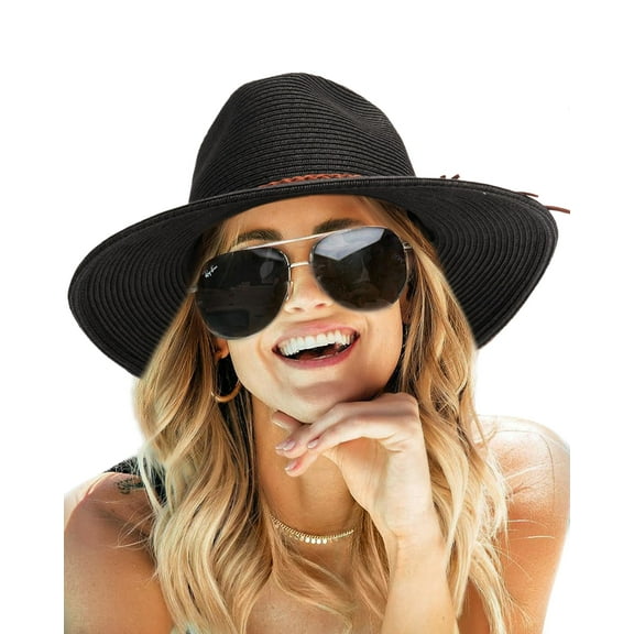 Sun Hats for Women Summer Wide Brim UV UPF 80  Panama Fedora Foldable Packable Straw Beach Hat