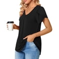 thumbnail image 3 of Black Women's V-Neck T-Shirt with Short Petal Sleeves, Back Pleats, and Midline, Loose Fit Casual Blouse, XL, 3 of 5