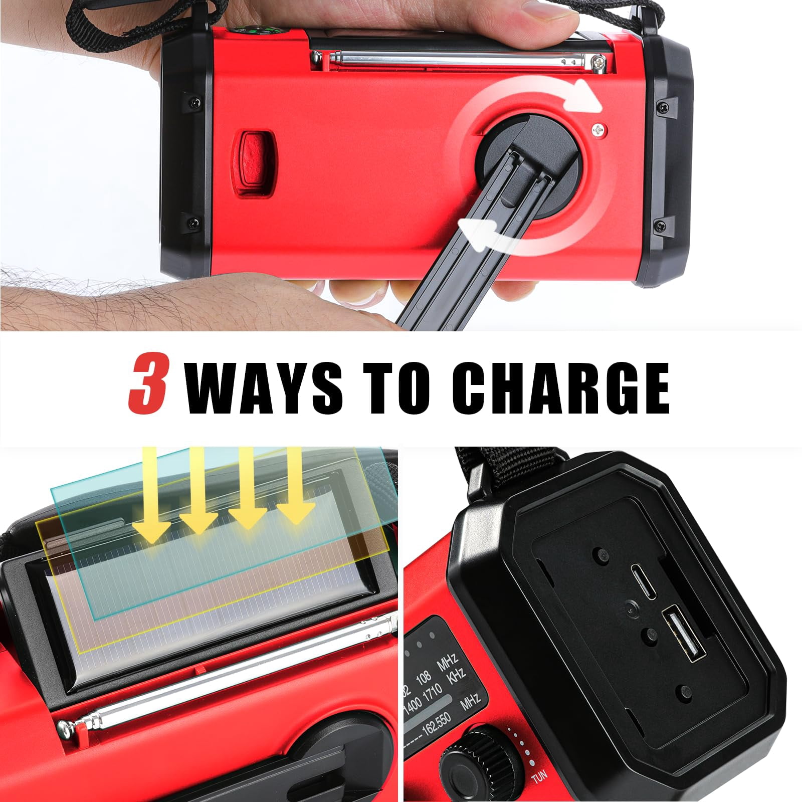 10000mah Emergency Crank Radio  Noaa/am/fm Weather Type-c Charge Solar Charging Sos 3 Modes Led Reading Lamp Compass For Outdoor (red)