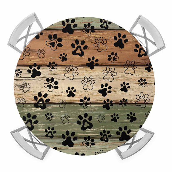 Elastic Fitted Round Tablecloth, Sage Green Brown Waterproof Stretch Table Cover for 45"-54" Tables, Farmhouse Dog Paw Vintage Washable Outdoor Tablecloths for Patio, Picnic, Camping