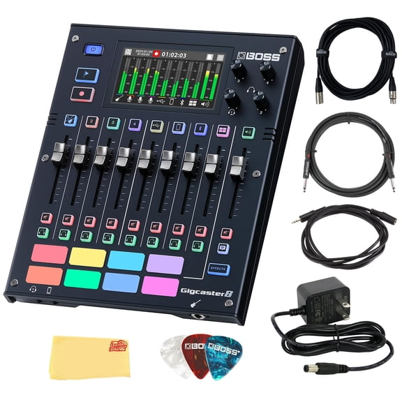 Boss - Gigcaster 8 (GCS-8) Audio Streaming Mixers Bundle with Roland Instrument Cable, Gearlux XLR Cable, Stereo Plug Cable, Picks, and Austin Bazaar Polishing Cloth